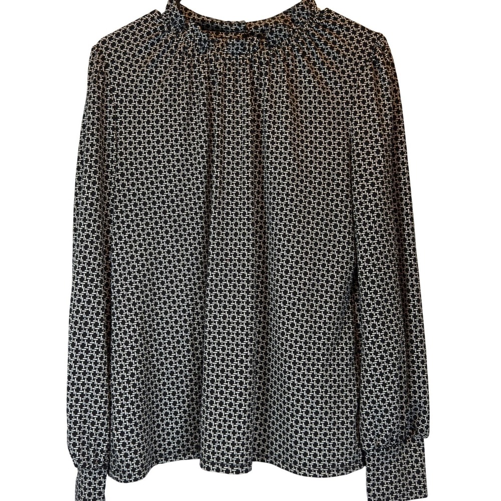 Adrianna Papell Mock Neck Blouse Women's M Black White Long Sleeve Office Top